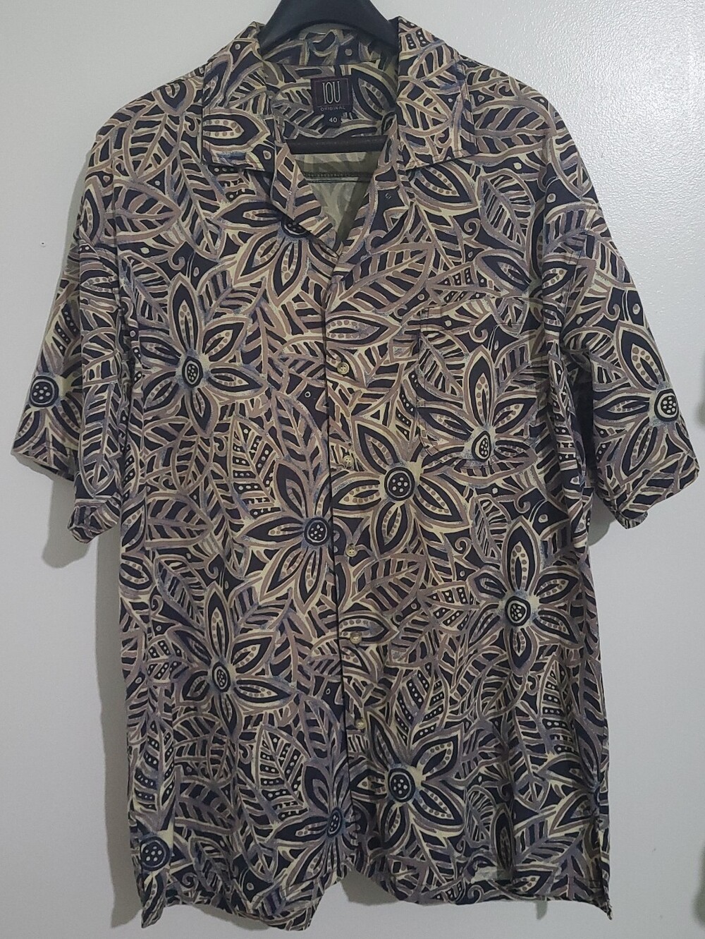 Vintage 80s/90s IOU Button Shirt Floral Leaf Navy Blue/Taupe Size 40